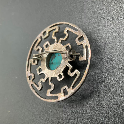 925 Sterling Silver Turquoise Mandala Geometric Cut Out Brooch Pin 10g