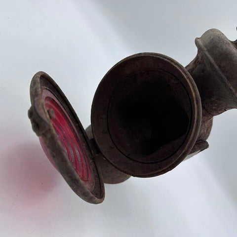 Vintage Antique Automotive Tail Lamp Red Glass Lens Rusty Metal Lantern Patina