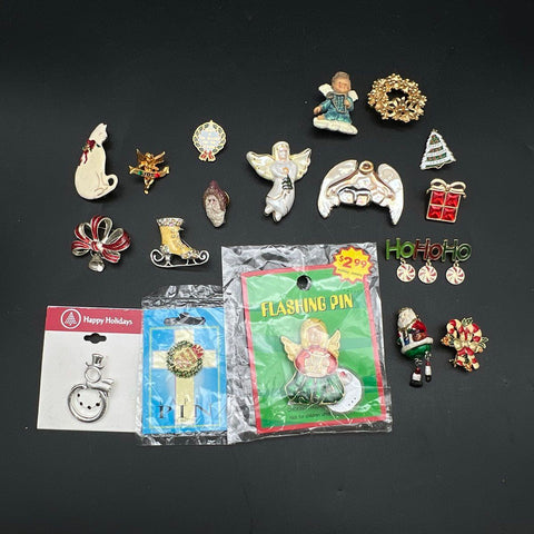 Christmas Holiday Jewelry Lot 18 Pcs Vintage to Modern Brooches Pins Santa Angel