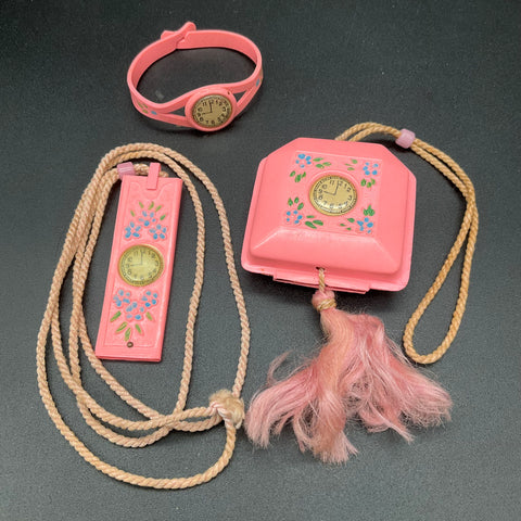 Vintage Mid-Century Girl's Pink Celluloid Toy Jewelry Set Watch Compact Comb