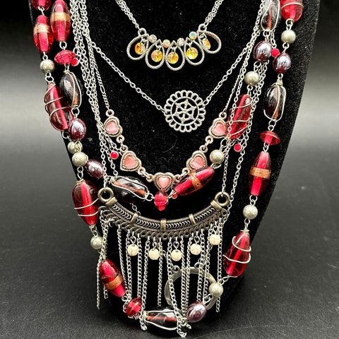 Mixed Costume Jewelry Lot Silver Tone Statement Necklaces Faux Pearl Beaded