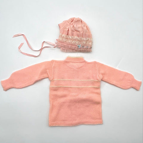 Vintage 60s Gordon Girls Pink Cardigan & Bonnet Set Floral Embroidered Sz 11