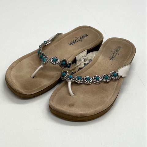 Minnetonka White Leather Turquoise Flower Beaded Thong Wedge Sandals Size 7