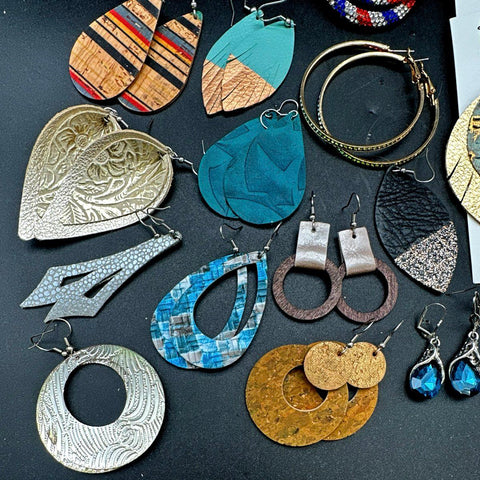 Hooked Handcrafted Faux Leather Cork Jewelry Lot 25 Pairs Earrings Hoops Boho