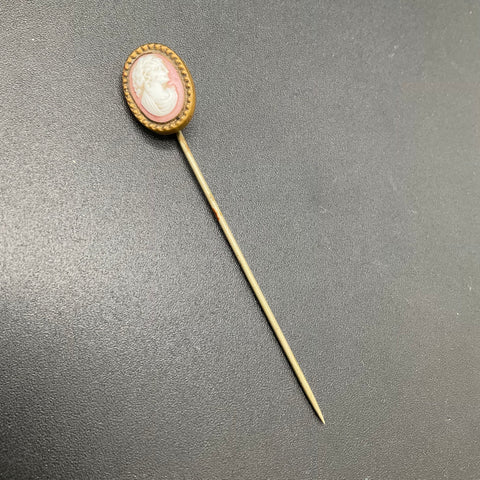 Antique Pink Cameo Stick Pin Victorian Style Gold Tone Jewelry 2.5"
