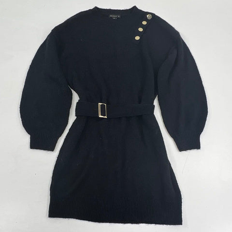 Saks Fifth Avenue Women's Sweater Dress Black Belted Puff Sleeve Button Sz L