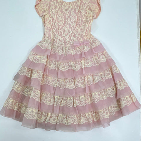 Vintage 60s Women's Pink Cream Tiered Ruffle Lace Fit & Flare Party Dress XS