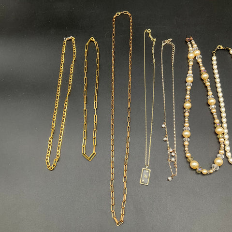 Gold Tone Faux Pearl Paperclip Chain Jewelry Lot 12 Wearable Fashion Necklaces