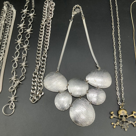 Silver Tone Gothic Jewelry Lot 8 Necklaces Skull Crossbones Barbed Wire Tassel