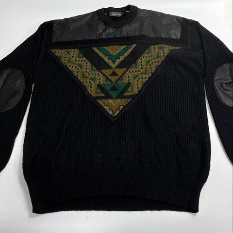 Vintage 90s Mark Elliot Men's Black Sweater Leather Trim Southwestern Sz M