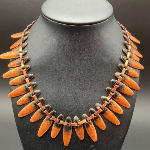 Vintage Signed Matisse Copper Black Enamel Nefertiti Bib Necklace Mid-Century