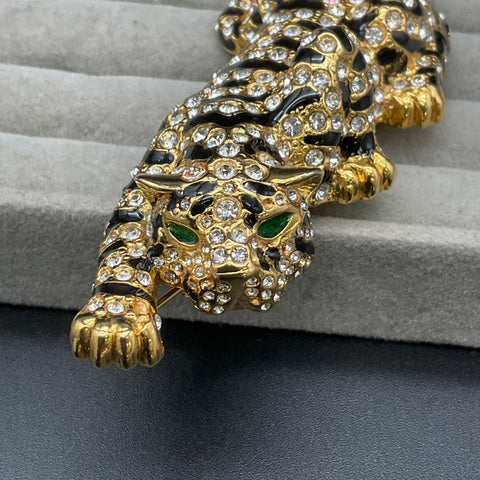 Vintage Retro Large Crawling Tiger Brooch Gold Tone Black Enamel Marked B