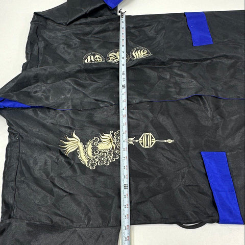 Vintage 80s Unisex Embroidered Dragon Robe Kimono Black Blue Silk Souvenir