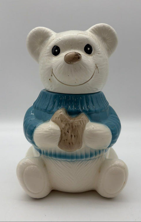 Vintage Welcome Ceramic Bear Cookie Jar White Blue Sweater Taiwan 12 Inch