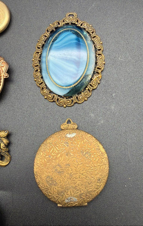 Vintage Costume Jewelry Lot Gold Tone Pendants Lockets Czechoslovakia 7pc