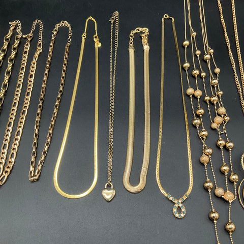 Gold Tone Necklace Lot of 14 Curb Herringbone Snake Chains Mixed Styles