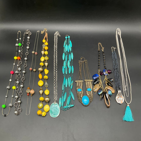 Mixed Costume Jewelry Lot 1.4 Lbs 10 Necklaces Boho Beaded Tassel Turquoise Tone