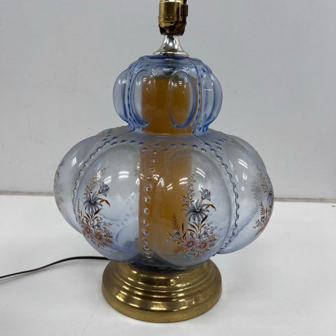 Carl Falkenstein Blue Glass Floral Table Lamp Brass Base Vintage Works