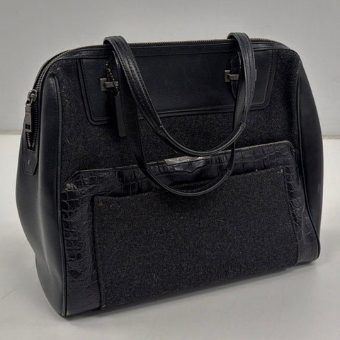 Coach Black Leather Wool Croc Embossed Mixed Media Satchel Bag F32818