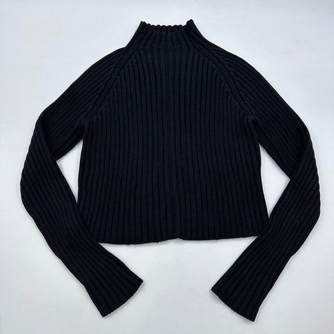 Suzanne Rae Women's Black Ribbed Mock Neck Cropped Cotton Sweater Italy Sz S