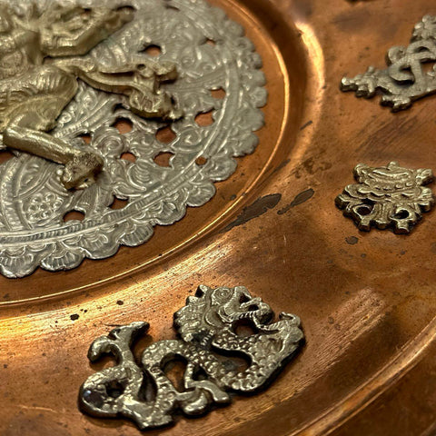 Vintage Copper Wall Hanging Plate Silver Tone Deity & Dragon Motifs 15 Inch