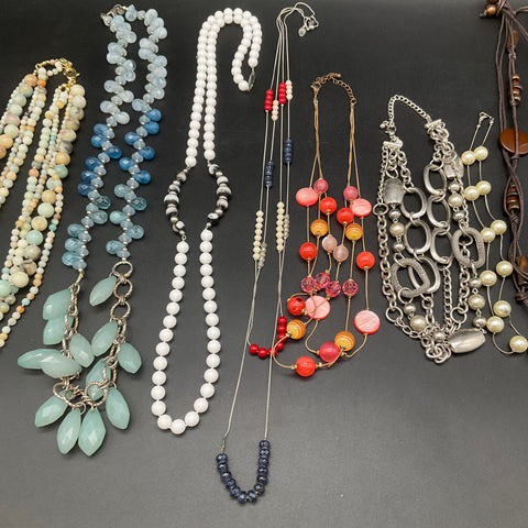 Mixed Costume Jewelry Lot 7 Necklaces Vintage to Modern Beaded Shell Faux Pearl