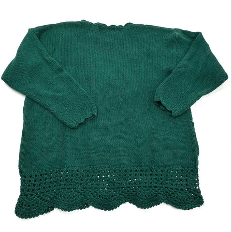 Vintage 90s Emerald Isle Floral Ribbon Embroidered Sweater Crochet Hem Sz L