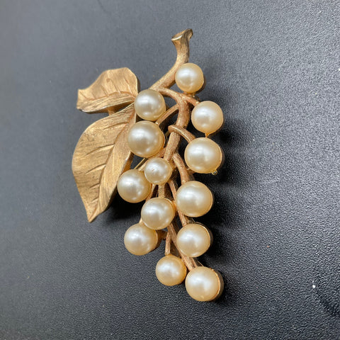 Vintage Crown Trifari Gold Tone Faux Pearl Grape Cluster Brooch Signed 2.25"