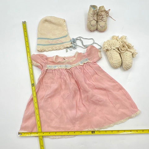 Vintage 1950s Pink Sheer Dress Bonnet Embroidered Shoes Booties 4pc Set Sz NB