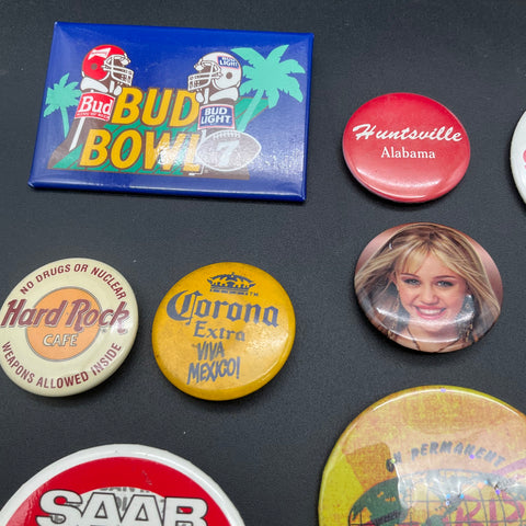 Pin-back Button Lot Vintage Hard Rock Cafe Saab Bud Bowl Cadillac 18 Pieces