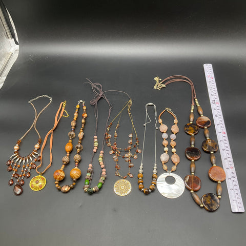 Boho Beaded Statement Necklace Lot of 8 Earthy Stone Wood Shell Pendant Designs