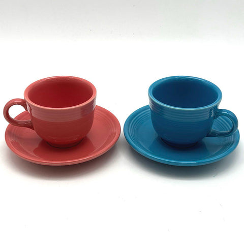 Homer Laughlin Fiesta Cup and Saucer Set 4 Piece Ceramic Scarlet and Blue Modern
