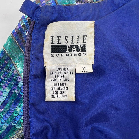 Vintage 90s Leslie Fay Women's Blue Silk Sequin Beaded Striped Evening Top Sz XL