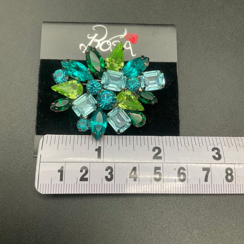 Vintage Rosa Austrian Crystal Brooch Pin Blue Green Floral Cluster 2.25"