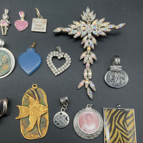 Vintage Costume Jewelry Lot 40+ Pendants Charms Rhinestone Heart KC Chiefs