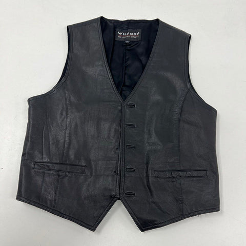 Vintage 90s Wilsons Leather Biker Motorcycle Vest Black Genuine Leather Sz L