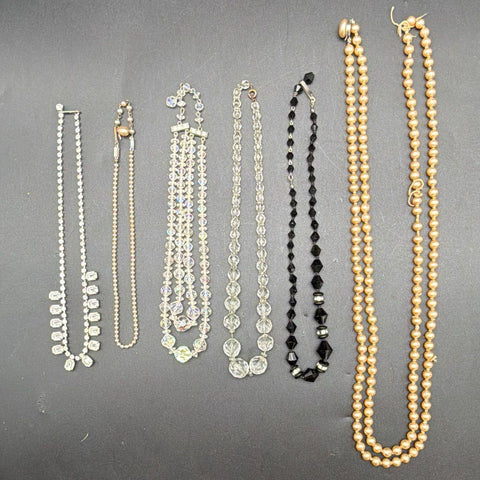 Vintage Costume Jewelry Necklace Lot 6 Pc Rhinestone Faux Pearl Austria Crystal