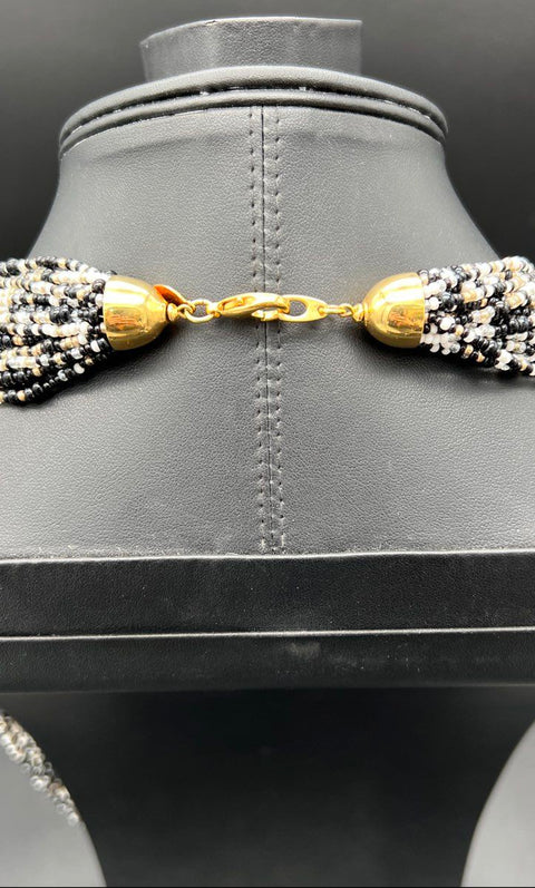 Vintage Joan Rivers Signed Multi-Strand Seed Bead Statement Necklace Black White
