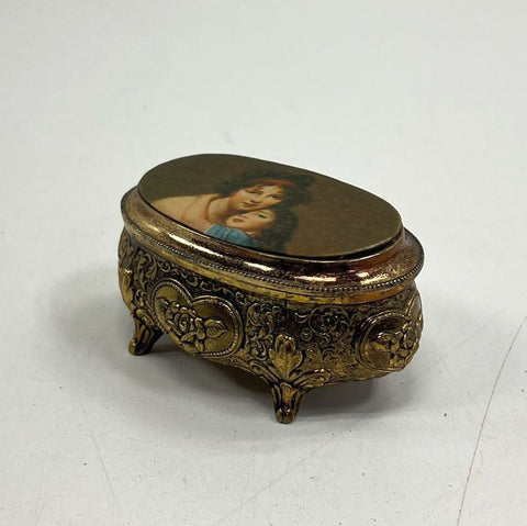 Vintage Ornate Gold Tone Footed Trinket Jewelry Box Vigee Lebrun Portrait Lid