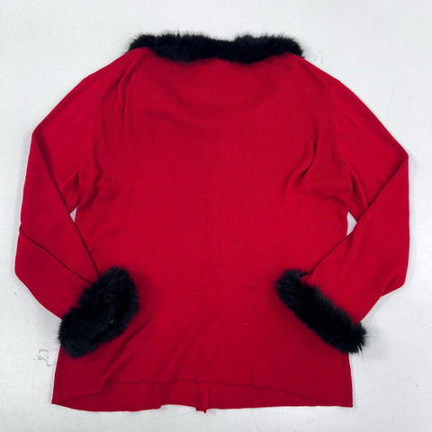 Due per Due Women's Red 100% Silk Cardigan Black Fur Trim Vintage Sz L