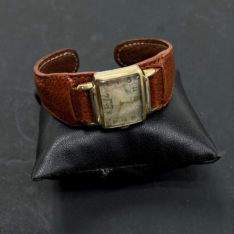 Vintage Elgin Square Case Watch Gold Tone Sub-dial Brown Leather Cuff Band