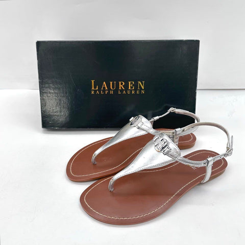 Lauren Ralph Lauren Silver Metallic T-Strap Thong Sandals Women's Size 8.5B