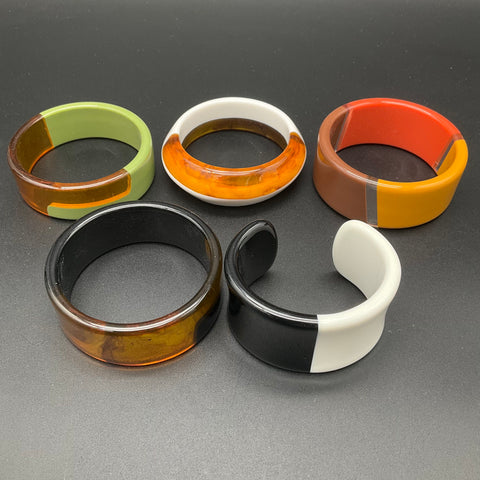 Vintage Style Chunky Lucite Bangle Bracelets Lot of 5 Color Block Wide Resin