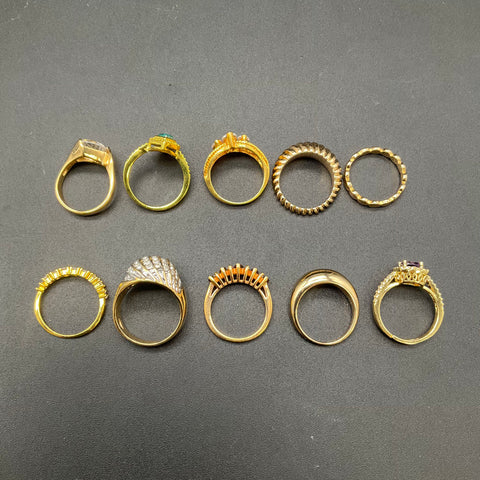 Gold Tone Fashion Jewelry Ring Lot of 10 Rhinestone Faux Gemstone Sizes 6.5-9
