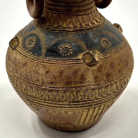 Vintage Pottery Vase Ring Handles Incised Geometric Folk Art Style Brown 11"