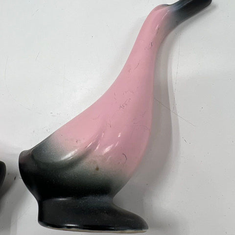 Vintage MCM Pink & Black Airbrush Ceramic Duck Goose Figurine Pair