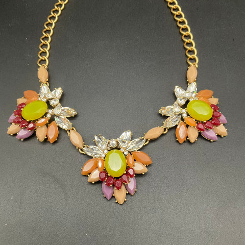 J. Crew Gold Tone Multi-Color Stone Floral Statement Necklace Bib Style