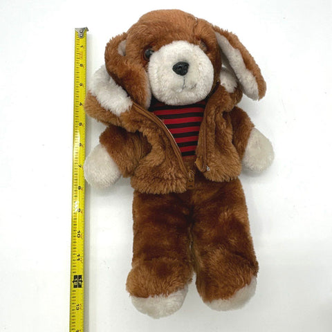 Vintage Avon Plush Puppy Dog 12 Inch Brown White Striped Shirt Hooded Jacket