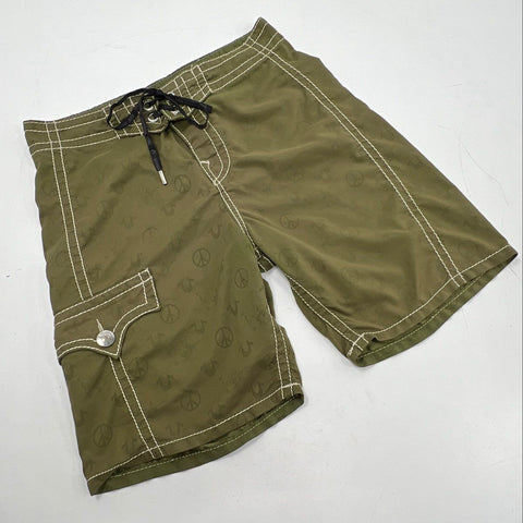 True Religion Men's Section Surf Olive Green Peace Sign Board Shorts Size 34