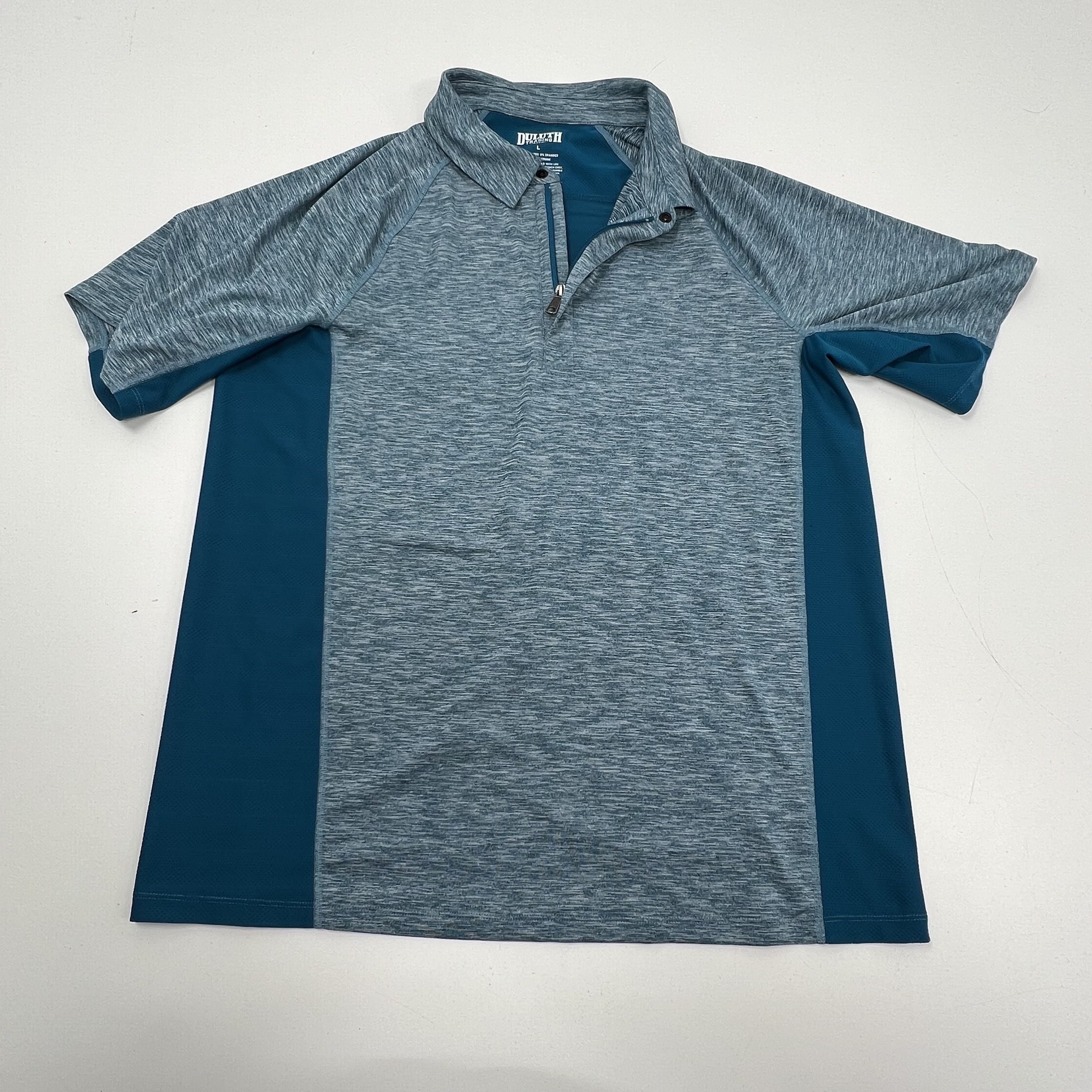 Two Duluth Mens Blue Orange Heather Polo Short Sleeve Performance Shirts LG